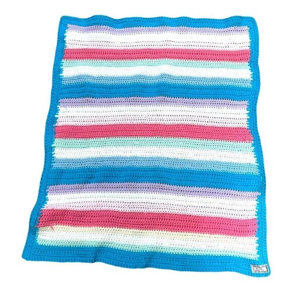 Handmade Crochet Baby Blanket Receiving Shower Gift Pink Blue White Stripes SEE - Picture 3 of 4